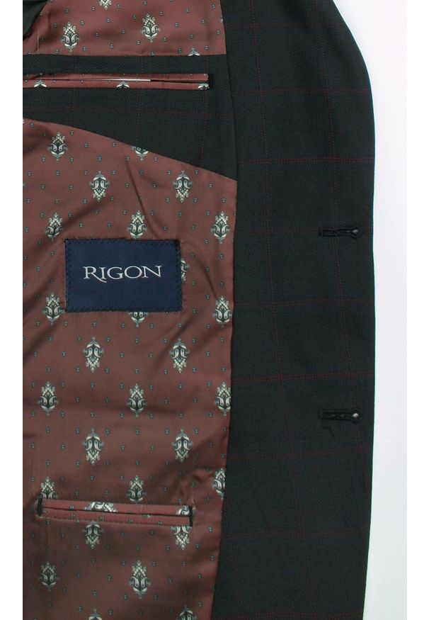 Rigon - Marynarka w Kratkę, Lekko Taliowana na Dwa Guziki - RIGON - Czarna. Kolor: czarny. Materiał: wiskoza, poliester, elastan. Wzór: kratka. Styl: elegancki