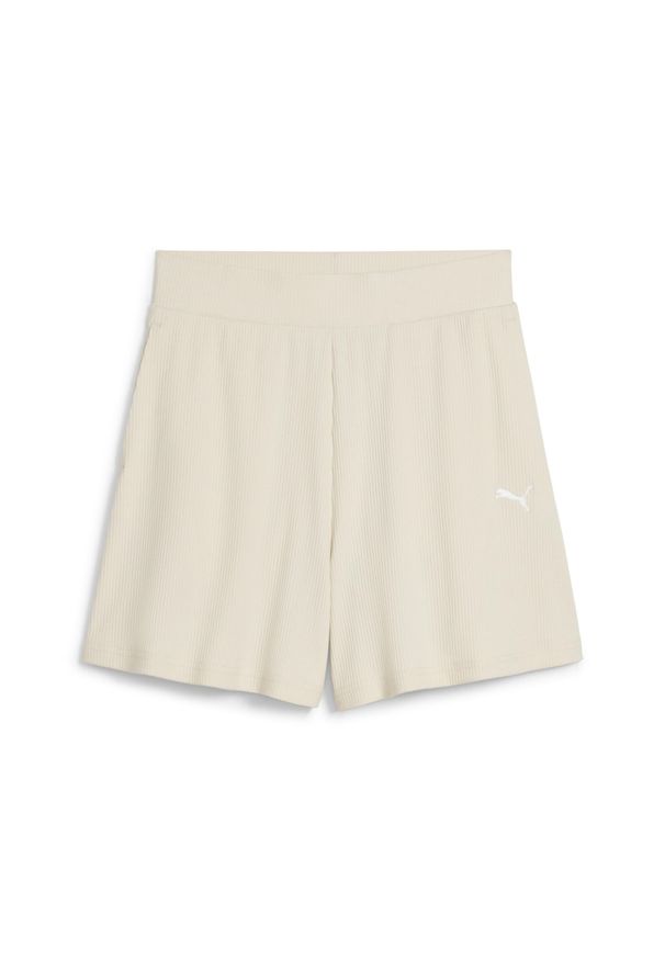 Puma - Damskie prążkowane szorty ESS ELEVATED 5" z wysokim stanem PUMA. Stan: podwyższony. Kolor: biały, wielokolorowy, beżowy. Materiał: prążkowany. Długość: krótkie