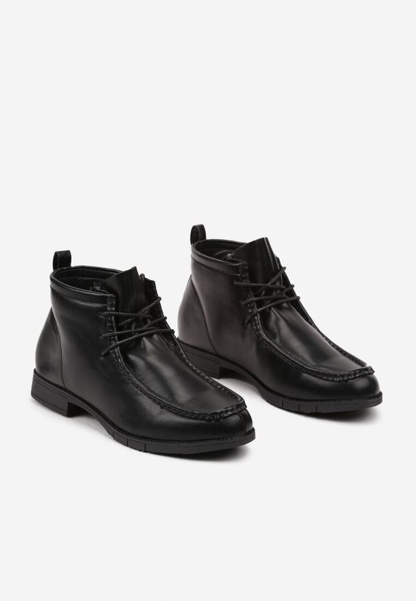 Born2be - Czarne Sznurowane Płaskie Botki z Ozdobnymi Przeszyciami Caritta. Okazja: na co dzień. Kolor: czarny. Materiał: jeans. Styl: elegancki, casual