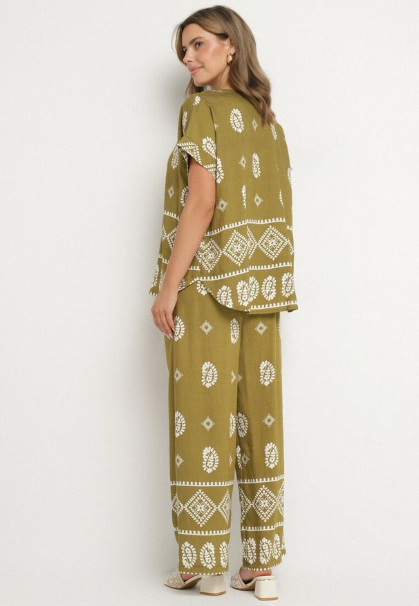 Born2be - Zielono-Biały Bawełniany Komplet Koszula i Szerokie Spodnie w Stylu Boho Ollirive. Kolor: zielony. Materiał: bawełna. Wzór: aplikacja