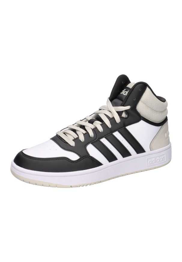Adidas - Buty Hoops 3.0 Mid Rozmiar 44 2/3 - IH0157 Biały. Okazja: na co dzień. Zapięcie: pasek. Kolor: szary, czarny, wielokolorowy, biały. Materiał: skóra, syntetyk. Szerokość cholewki: normalna. Wzór: paski. Sport: koszykówka