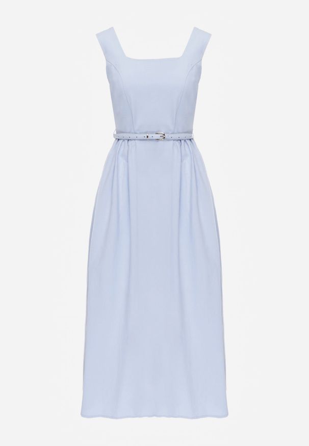 Renee - Niebieska Bawełniano-Wiskozowa Sukienka na Szerokich Ramiączkach z Wąskim Paskiem Alcassa. Typ kołnierza: dekolt kwadratowy. Kolor: niebieski. Materiał: wiskoza, bawełna. Długość rękawa: na ramiączkach. Typ sukienki: proste, rozkloszowane. Styl: elegancki