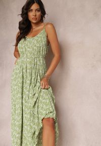 Renee - Zielona Sukienka Maxi Wiązana na Ramionach z Rozkloszowanym Dołem Matiltta. Kolor: zielony. Materiał: materiał. Długość rękawa: na ramiączkach. Sezon: lato, wiosna. Długość: maxi