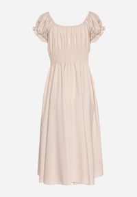 Born2be - Beżowa Sukienka z Bawełną Typu Hiszpanka z Ozdobnymi Bufkami Lunaleia. Okazja: na co dzień. Typ kołnierza: dekolt hiszpanka. Kolor: beżowy. Materiał: bawełna. Styl: casual, elegancki, klasyczny #5