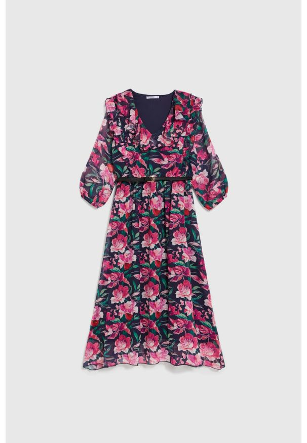 MOODO - Sukienka w kwiaty granatowa. Kolor: niebieski. Materiał: poliester. Wzór: kwiaty