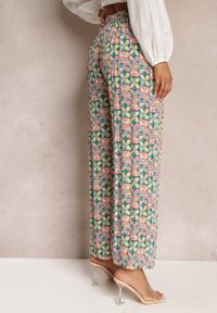 Renee - Zielono-Różowe Wiskozowe Spodnie High Waist Szerokie z Gumką w Pasie i Kieszeniami Aizha. Stan: podwyższony. Kolor: zielony. Materiał: wiskoza