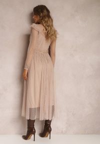 Renee - Beżowa Sukienka z Koronką i Tiulem Welvia. Kolor: beżowy. Materiał: tiul, koronka. Wzór: koronka #3