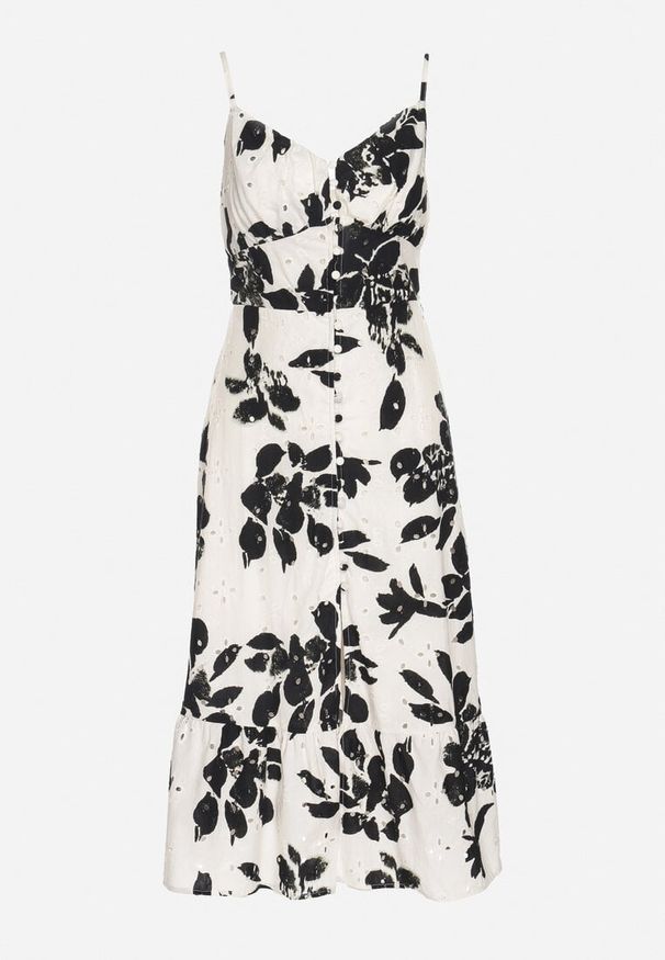 Born2be - Czarna Ażurowa Sukienka z Bawełny o Rozkloszowanym Kroju na Ramiączkach Nitaria. Okazja: na spacer, na co dzień, na imprezę. Typ kołnierza: dekolt w kształcie V. Kolor: biały. Materiał: bawełna. Długość rękawa: na ramiączkach. Wzór: ażurowy. Sezon: lato. Styl: casual