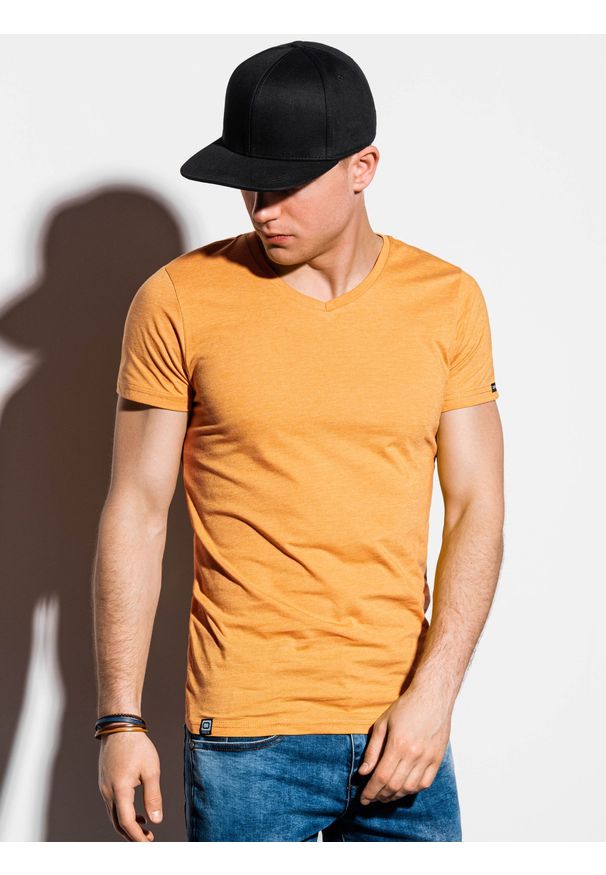 Ombre Clothing - T-shirt męski bez nadruku BASIC - żółty S1041 - L. Kolor: żółty. Materiał: poliester, bawełna
