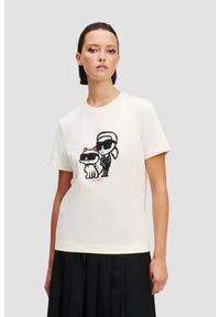 Karl Lagerfeld - KARL LAGERFELD Beżowy damski t-shirt Ikon Sketch Duo, Rozmiar XS. Kolor: beżowy. Materiał: materiał. Wzór: nadruk