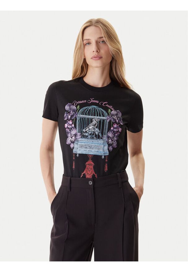 Versace Jeans Couture T-Shirt 79HAHP04 CJ01P Czarny Regular Fit. Kolor: czarny. Materiał: bawełna