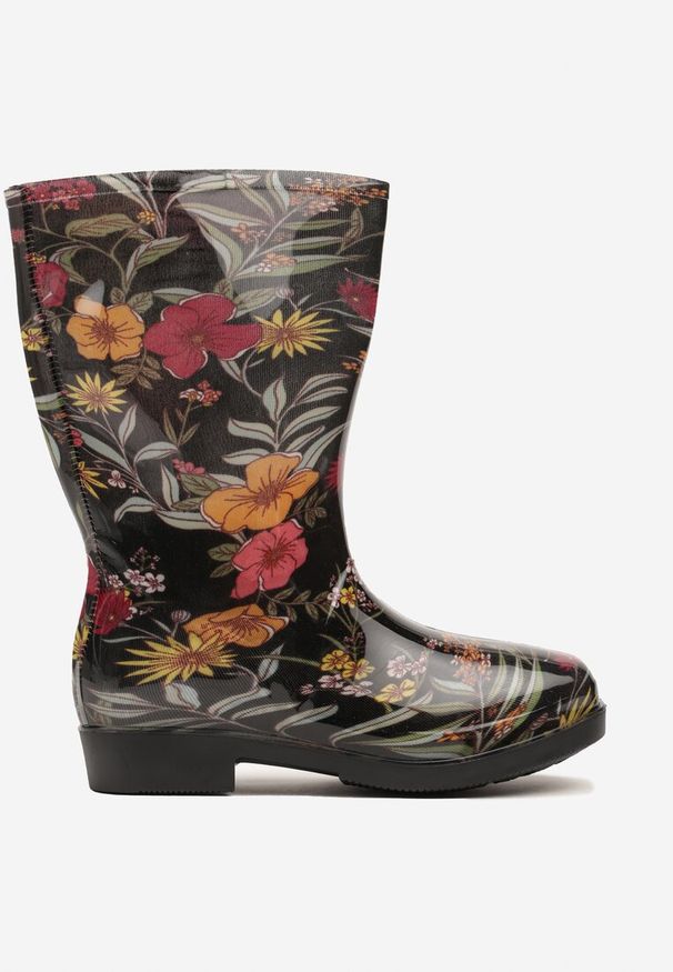 Renee - Czarno-Żółte Kalosze z Cholewką do Połowy Łydki w Kwiatowy Print Olinassa. Okazja: na co dzień, na spacer. Kolor: czarny. Materiał: jeans. Szerokość cholewki: normalna. Wzór: kwiaty, nadruk. Sezon: jesień. Obcas: na płaskiej podeszwie. Styl: elegancki, casual