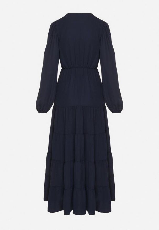 Born2be - Granatowa Rozkloszowana Sukienka Vices z Kopertowym Dekoltem Reslosa. Okazja: na co dzień. Typ kołnierza: dekolt w serek. Kolor: niebieski. Materiał: jeans. Typ sukienki: kopertowe. Styl: casual