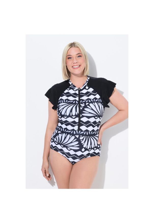 ULLA POPKEN - Damski Strój kąpielowy rękaw motylek miękkie miseczki zamek z recyklingu. Kolekcja: plus size. Kolor: czarny. Materiał: elastan, poliamid, materiał