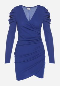 Born2be - Niebieska Sukienka Dopasowana z Drapowaniem i Kopertowym Dekoltem Olaura. Okazja: na co dzień. Typ kołnierza: dekolt kopertowy. Kolor: niebieski. Długość rękawa: długi rękaw. Typ sukienki: kopertowe. Styl: klasyczny, casual, elegancki #2