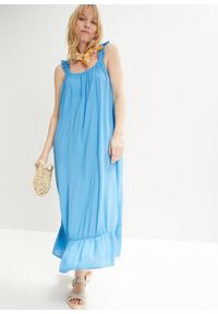bonprix - Sukienka midi z kreszowanej wiskozy, z kieszeniami. Kolor: niebieski. Materiał: wiskoza. Długość: midi
