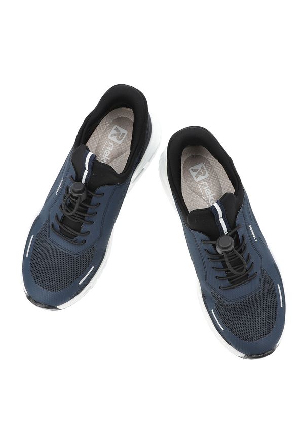 Sneakersy damskie Rieker, tekstylna cholewka z siateczkowymi panelami i sznurowaniem oraz wzmocnionym zapiętkiem, niebieskie, N5257-14. Okazja: na spacer, na co dzień. Kolor: niebieski. Materiał: materiał. Szerokość cholewki: normalna. Sport: turystyka piesza