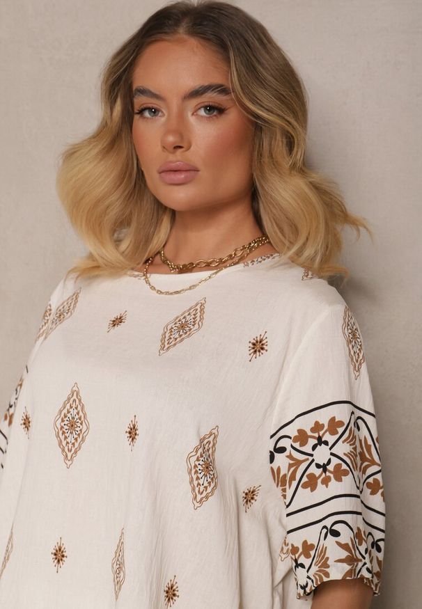 Renee - Beżowy Komplet w Stylu Boho Bluzka z Krótkim Rękawem i Luźne Spodnie Divorine. Kolor: beżowy. Materiał: materiał