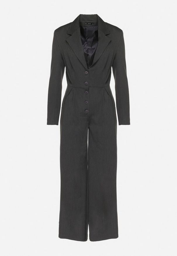 Born2be - Ciemnoszary Garniturowy Kombinezon z Wiskozą z Szerokimi Nogawkami i Zapięciem na Guziki Avaline. Okazja: na spotkanie biznesowe. Kolor: szary. Materiał: wiskoza. Styl: elegancki, klasyczny, sportowy, biznesowy