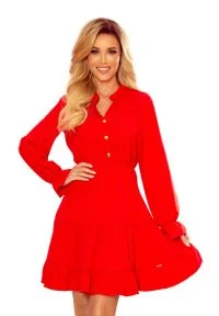 Numoco - Sukienka ze Złotymi Guzikami - Czerwona. Kolor: wielokolorowy, złoty, czerwony. Materiał: poliester, elastan #1