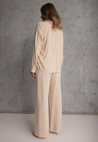 Renee - Beżowy Komplet z Wiskozy Spodnie Szerokie i Koszula z Ozdobnym Materiałem Airial. Kolor: beżowy. Materiał: wiskoza, materiał #5
