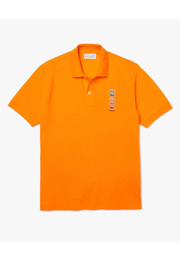 Lacoste - LACOSTE - Pomarańczowa koszulka polo z logo Regular Fit. Typ kołnierza: polo. Kolor: pomarańczowy. Materiał: bawełna. Wzór: haft, prążki, aplikacja. Sezon: wiosna