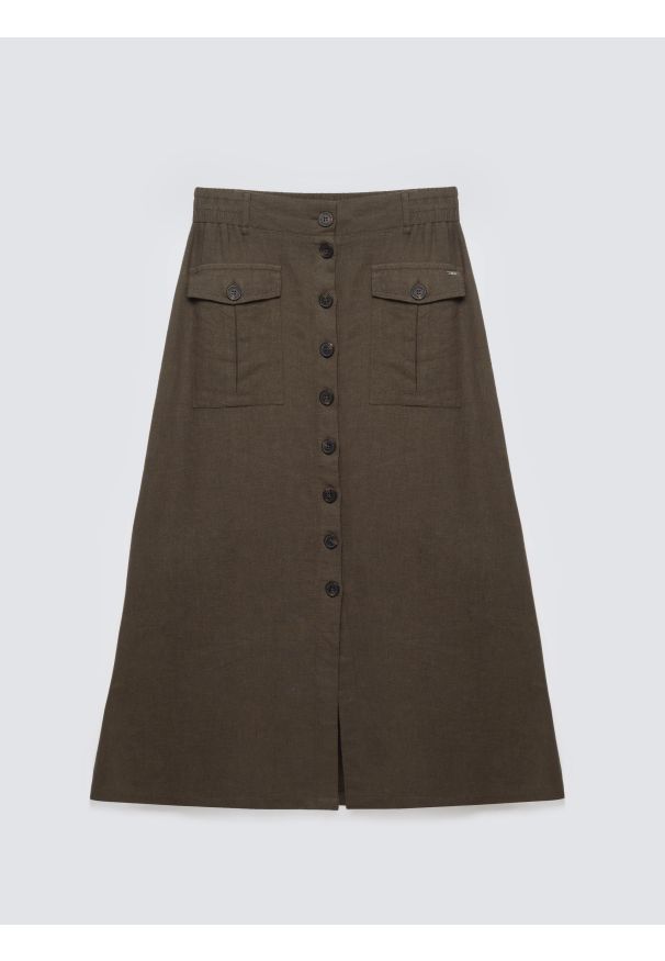 Big-Star - Spódnica damska lniana midi khaki Roliana 303. Okazja: na co dzień. Kolor: zielony. Materiał: len. Styl: casual