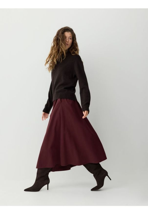 Reserved - Spódnica midi - mahoniowy. Kolor: brązowy. Materiał: bawełna. Styl: klasyczny