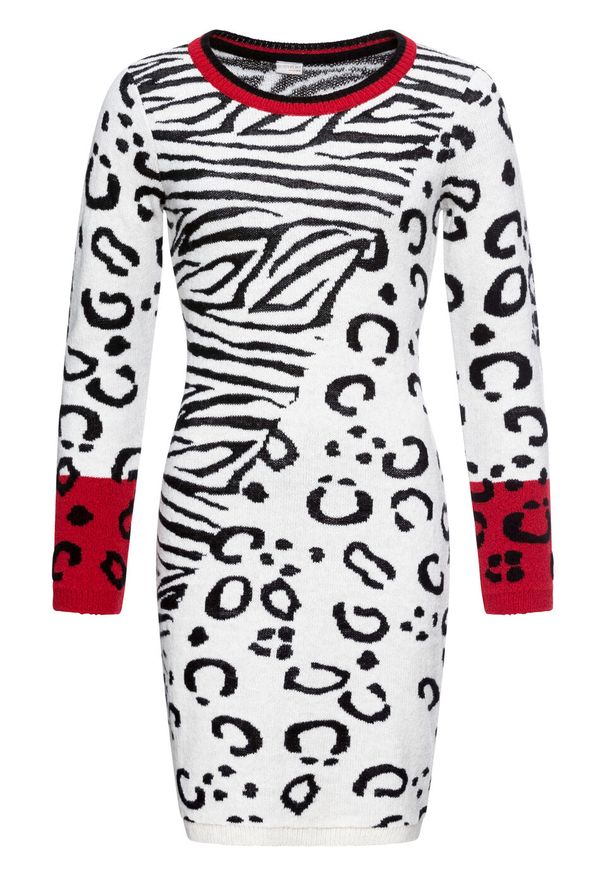 Sukienka dzianinowa w cętki leoparda bonprix biało-czarno-czerwony w cętki leoparda. Kolor: biały. Materiał: dzianina