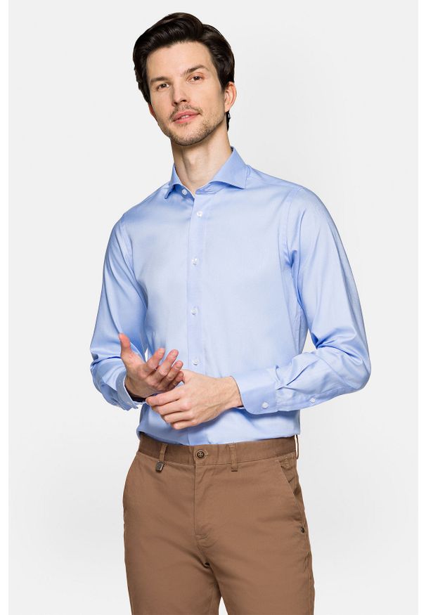 Lancerto - Koszula Błękitna Martina Slim. Kolor: niebieski. Materiał: wełna, tkanina, bawełna. Wzór: ze splotem. Sezon: lato. Styl: elegancki