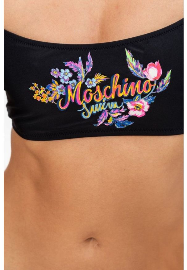 MOSCHINO Czarna góra od bikini z kwiecistym logo, Rozmiar XS. Kolor: czarny. Wzór: nadruk, kwiaty