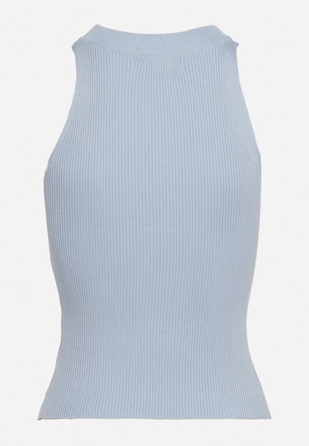 Born2be - Niebieski Top z Prążkowanej Dzianiny z Ażurowym Dekoltem Hiba. Okazja: na co dzień. Kolor: niebieski. Materiał: prążkowany, dzianina. Wzór: ażurowy. Styl: casual, elegancki