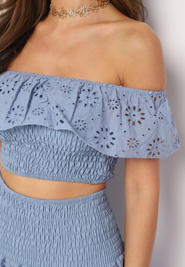 Born2be - Jasnoniebieski 2-Częściowy Komplet Bawełniany Ażurowy Top w Stylu Hiszpanki Spódnica z Gumką Lavima. Kolor: niebieski. Materiał: bawełna. Wzór: ażurowy