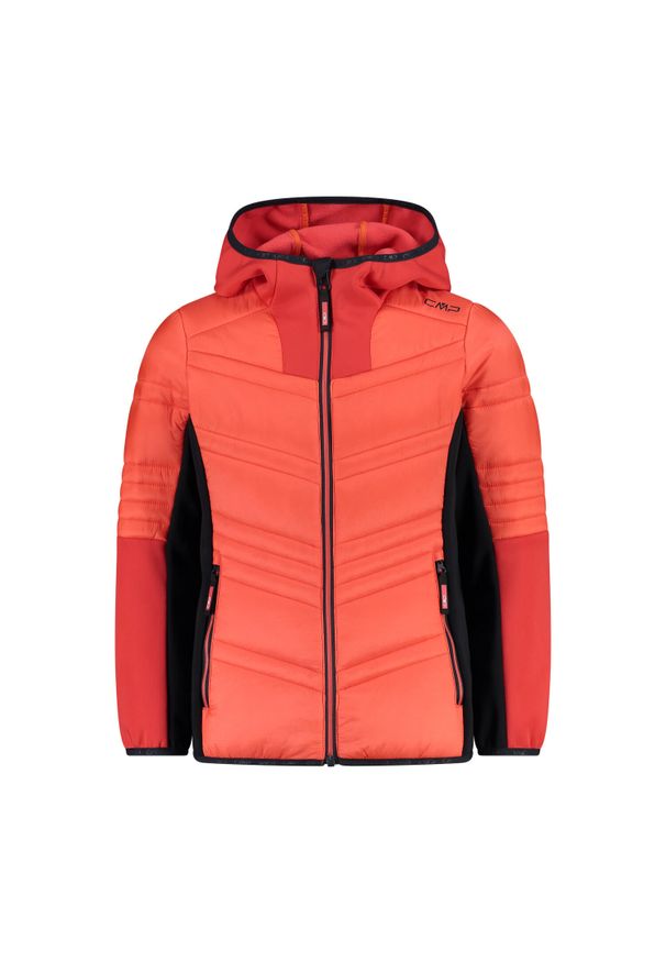 Dziewczęca kurtka hybrydowa z kapturem CMP. Typ kołnierza: kaptur. Kolor: pomarańczowy. Materiał: softshell, puch. Sport: turystyka piesza