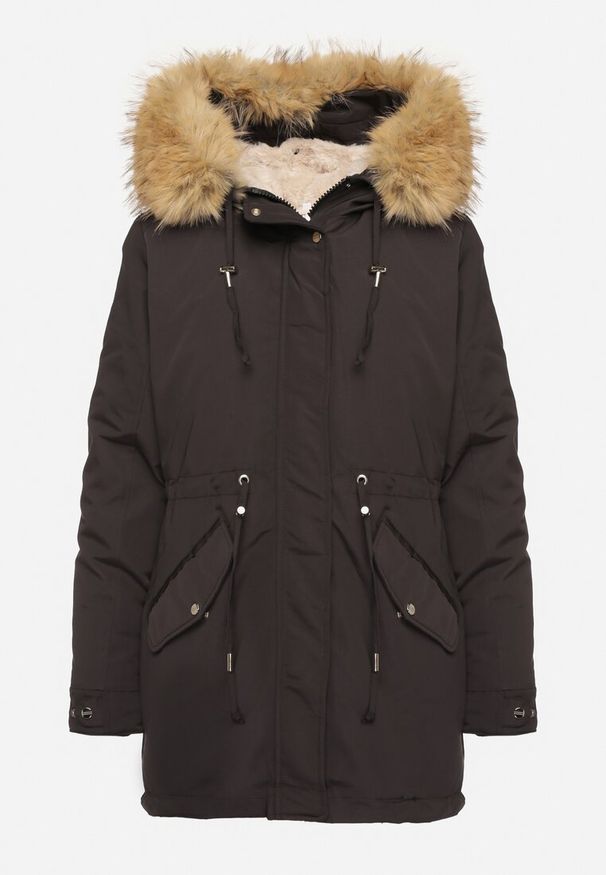 Born2be - Czarna Zimowa Kurtka Parka z Odpinanym Futerkowym Zdobieniem i Kapturem Sialinnea. Okazja: na co dzień. Kolor: czarny. Wzór: aplikacja. Sezon: zima. Styl: klasyczny, casual, elegancki