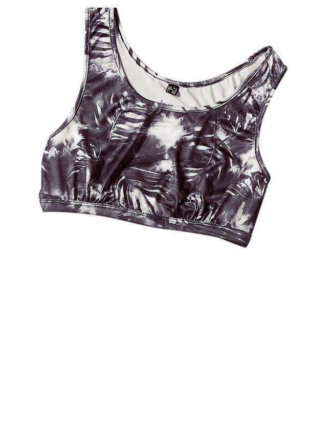 Legginsy funkcyjne + top + biustonosz bustier (3 części) bonprix czarno - neonowy łososiowy w roślinny wzór. Kolor: czarny