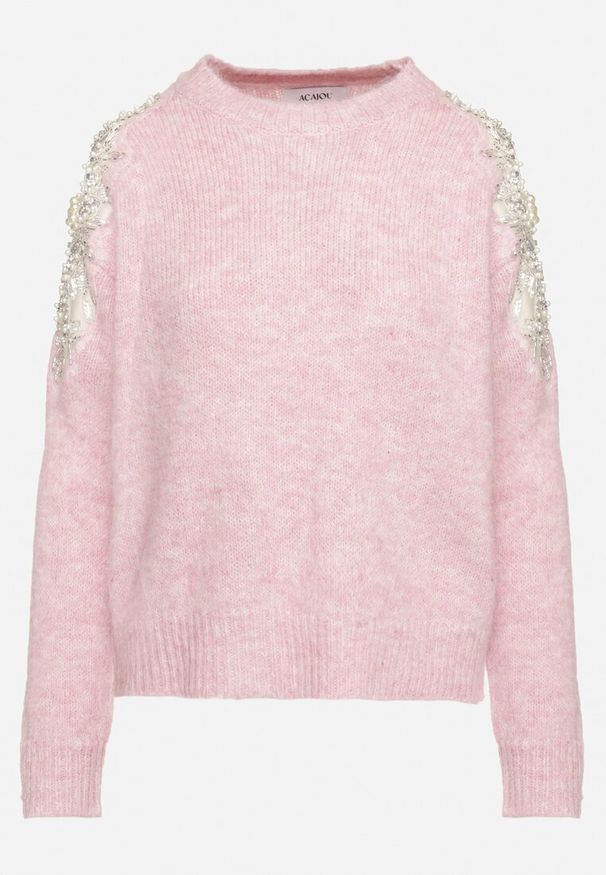 Born2be - Różowy Sweter Ozdobiony Cekinami Cyrkoniami i Perełkami z Wełną Tiavella. Okazja: na co dzień. Kolor: różowy. Materiał: wełna. Długość rękawa: długi rękaw. Długość: długie. Wzór: aplikacja. Sezon: jesień, zima. Styl: casual
