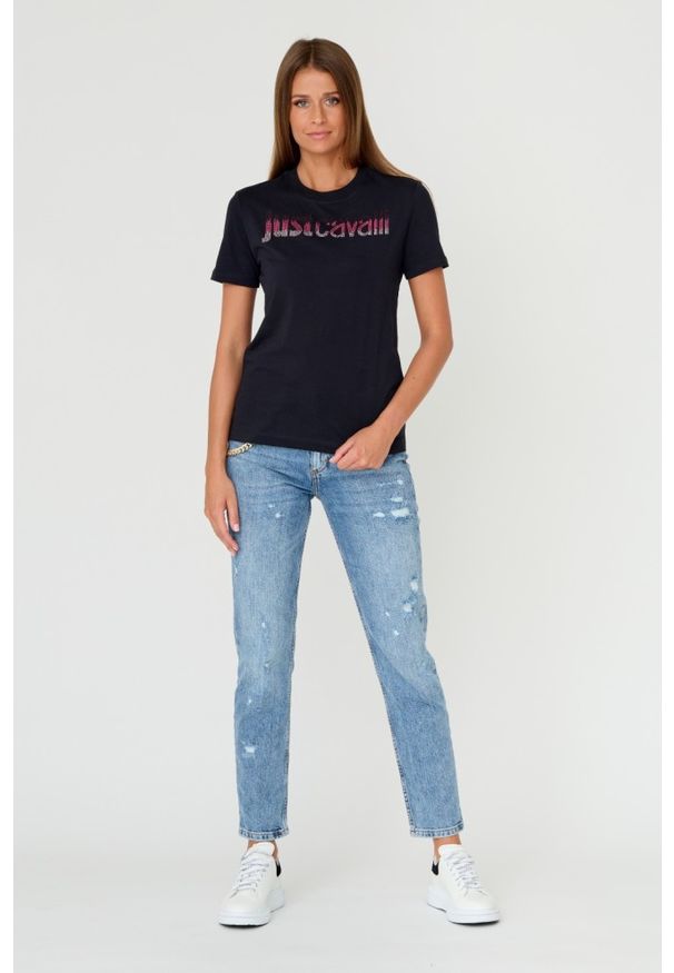 Just Cavalli - JUST CAVALLI Czarny damski t-shirt R LOGO CRYSTAL, Rozmiar L. Kolor: czarny. Materiał: bawełna