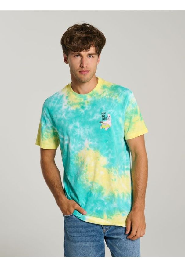 Sinsay - Bawełniana koszulka z efektem tie-dye SpongeBob - niebieski. Kolor: niebieski. Materiał: bawełna