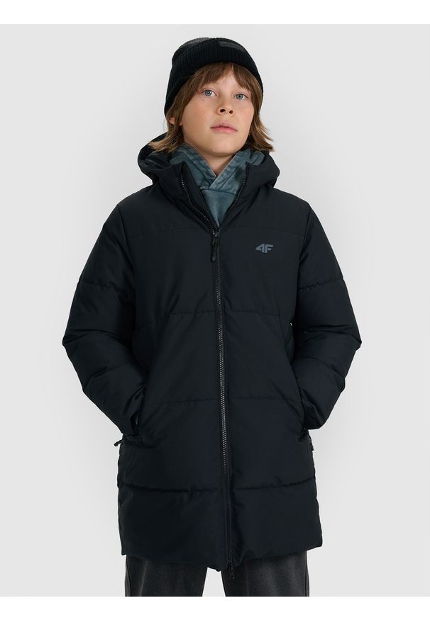 4f - 4F Płaszcz zimowy membrana 5000 chłopięcy - czarny 146 (10-11 lat). Okazja: na co dzień, na uczelnię. Kolor: czarny. Materiał: poliester, materiał. Długość: do kolan. Wzór: gładki. Sezon: zima, lato. Styl: casual
