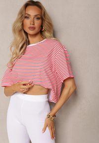 Renee - Czerwono-Biały Oversizowy T-shirt Cropped w Paski z Elastycznej Bawełny Akrida. Kolor: czerwony. Materiał: bawełna. Wzór: paski. Sezon: lato #5