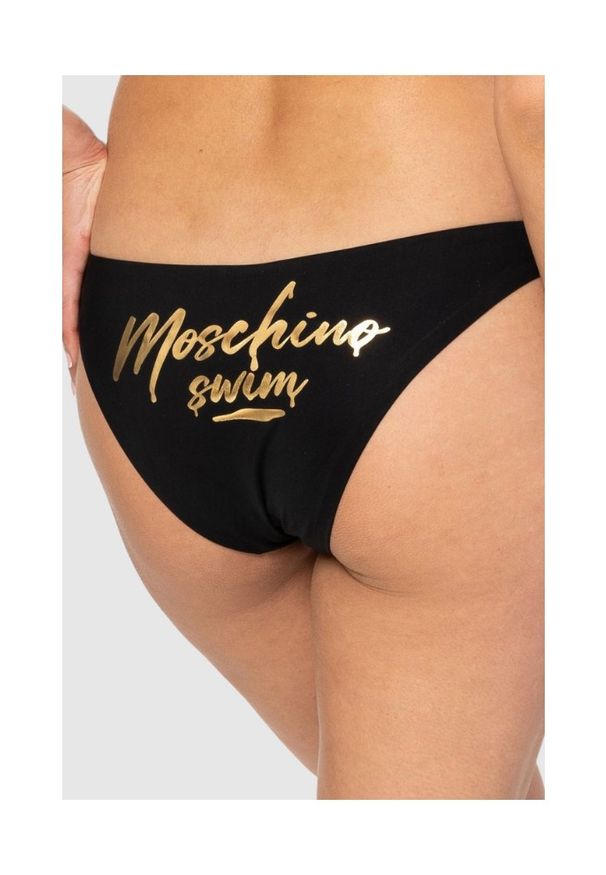 MOSCHINO Czarny dół od bikini ze złotym logo, Rozmiar S. Kolor: czarny. Wzór: nadruk
