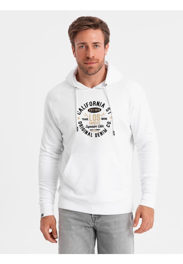 Ombre Clothing - Męska bluza z nadrukiem kangurka - biała V1 - Rozmiar: L. Typ kołnierza: kaptur. Kolor: biały. Materiał: poliester, bawełna. Wzór: nadruk