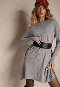 Renee - Szara Trapezowa Sukienka z Wiskozą z Asymetrycznym Dołem Sianille. Okazja: na co dzień, do pracy. Kolor: szary. Materiał: wiskoza. Długość rękawa: długi rękaw. Typ sukienki: trapezowe, asymetryczne. Styl: casual, elegancki #4