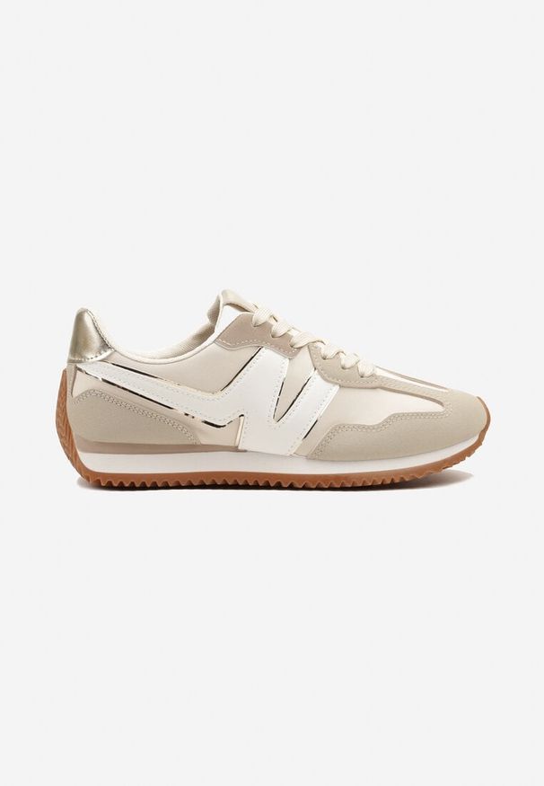Born2be - Jasnobeżowe Sneakersy z Metaliczną Lamówką i Geometrycznym Wzorem Tosvella. Okazja: na co dzień. Zapięcie: sznurówki. Kolor: beżowy. Materiał: jeans. Wzór: geometria