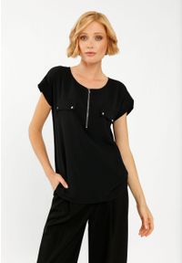 Volcano - Bluzka z krótkim rękawem C-SOLIS. Okazja: na co dzień. Kolor: czarny. Materiał: poliester, włókno, wiskoza, materiał. Długość rękawa: krótki rękaw. Długość: krótkie. Wzór: aplikacja. Sezon: lato. Styl: casual, elegancki