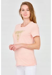 Guess - GUESS Damski t-shirt z dużym zdobionym logo, Rozmiar S. Kolor: pomarańczowy. Materiał: bawełna. Wzór: aplikacja