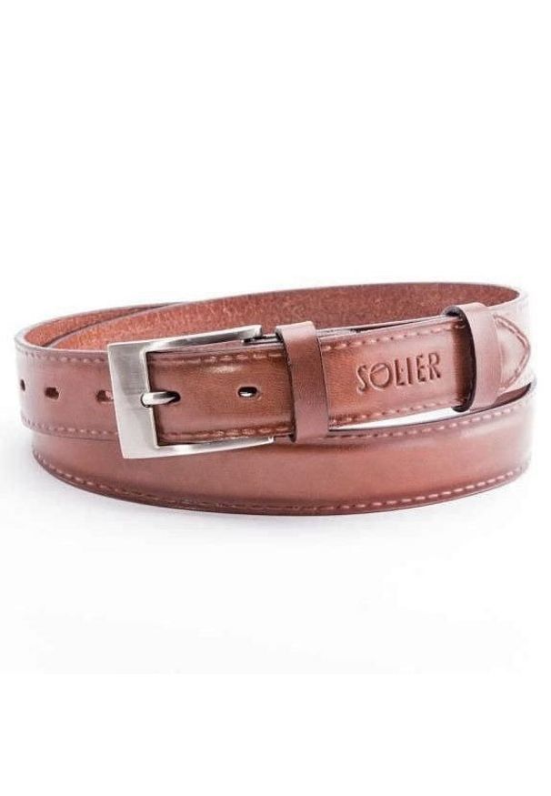 Solier - Skórzany elegancki pasek męski SOLIER SB09 jasny brązowy 90 cm. Kolor: brązowy. Materiał: skóra. Wzór: aplikacja, paski. Styl: elegancki