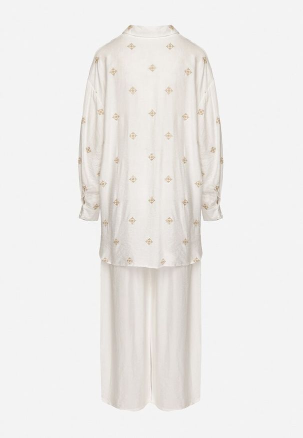 Born2be - Biały Wiskozowy Komplet z Koszulą z Haftem i Szerokimi Spodniami Thannora. Kolor: biały. Materiał: wiskoza. Wzór: haft