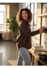 Sinsay - Koszula z domieszką lnu - brązowy. Kolor: brązowy. Materiał: len